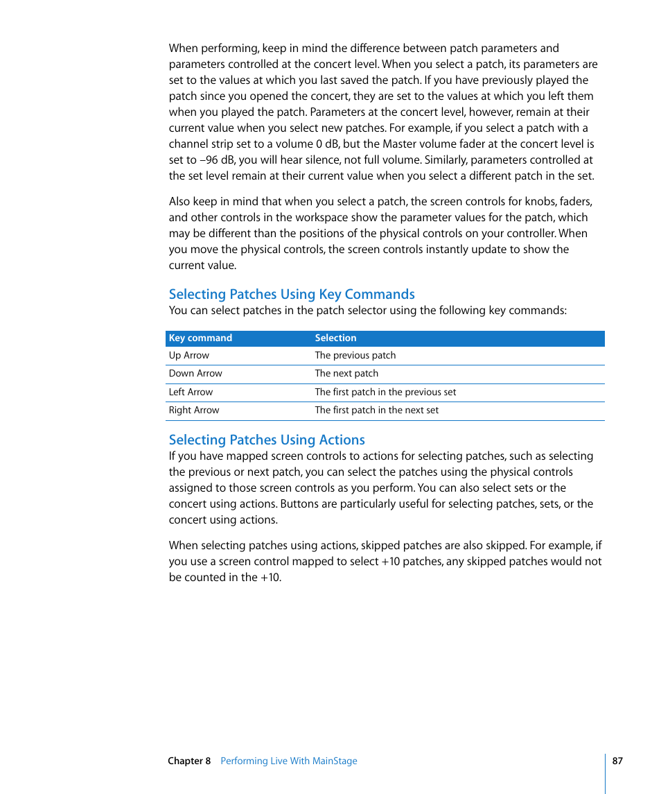 Selecting patches using key commands, Selecting patches using actions | Apple MainStage User Manual | Page 87 / 100