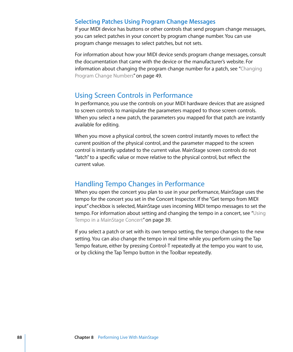 Selecting patches using program change messages, Using screen controls in performance, Handling tempo changes in performance | Apple MainStage User Manual | Page 88 / 100