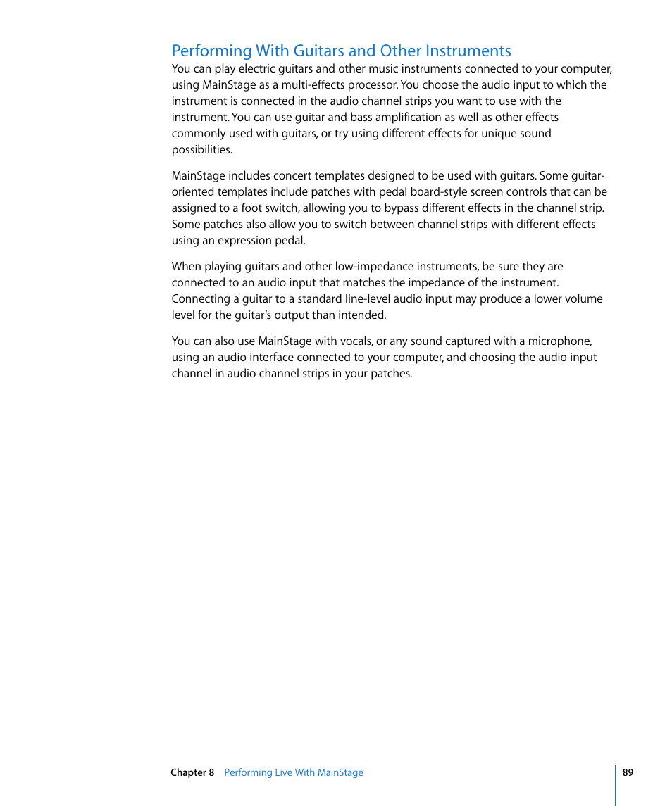 Performing with guitars and other instruments | Apple MainStage User Manual | Page 89 / 100