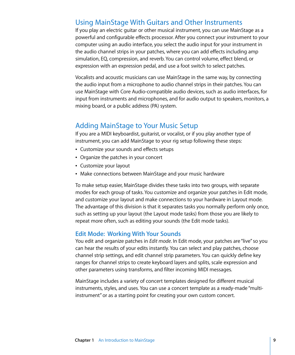 Using mainstage with guitars and other instruments, Adding mainstage to your music setup, Edit mode:working with your sounds | Apple MainStage User Manual | Page 9 / 100