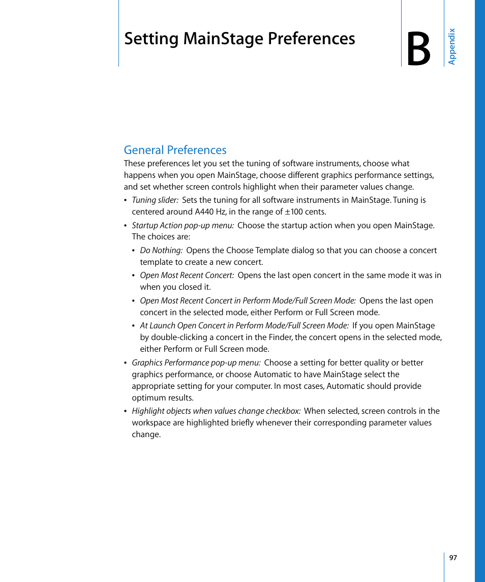 Setting mainstage preferences, General preferences, Appendix b | Setting, Mainstage preferences, Setting mainstage, Preferences | Apple MainStage User Manual | Page 97 / 100