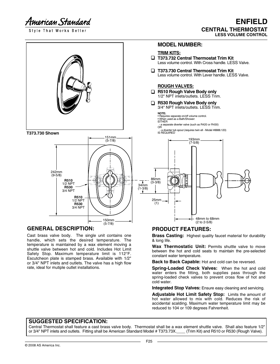 American Standard Enfield T373.730 User Manual | 2 pages