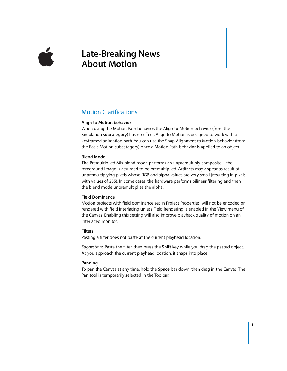 Apple Motion 1.0: Late-Breaking News User Manual | 9 pages