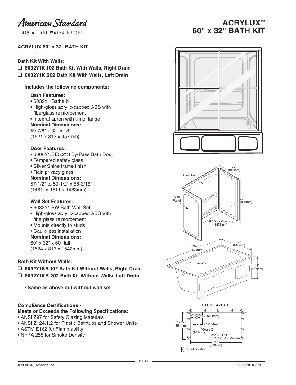 Acrylux, 60" x 32" bath kit | American Standard Acrylux 6000Y1.BE5 User Manual | Page 4 / 4