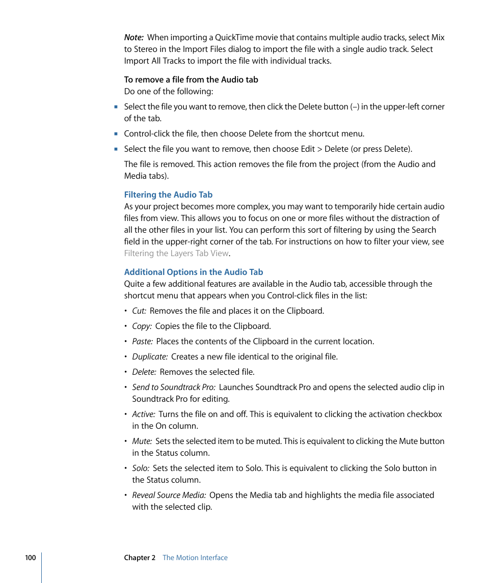 Filtering the audio tab, Additional options in the audio tab | Apple Motion 4 User Manual | Page 100 / 1498