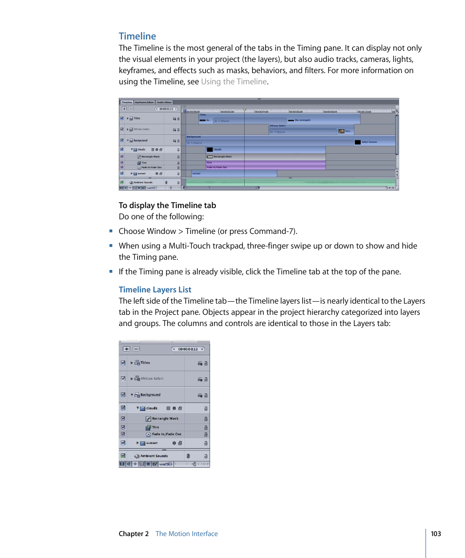 Timeline, Timeline layers list | Apple Motion 4 User Manual | Page 103 / 1498