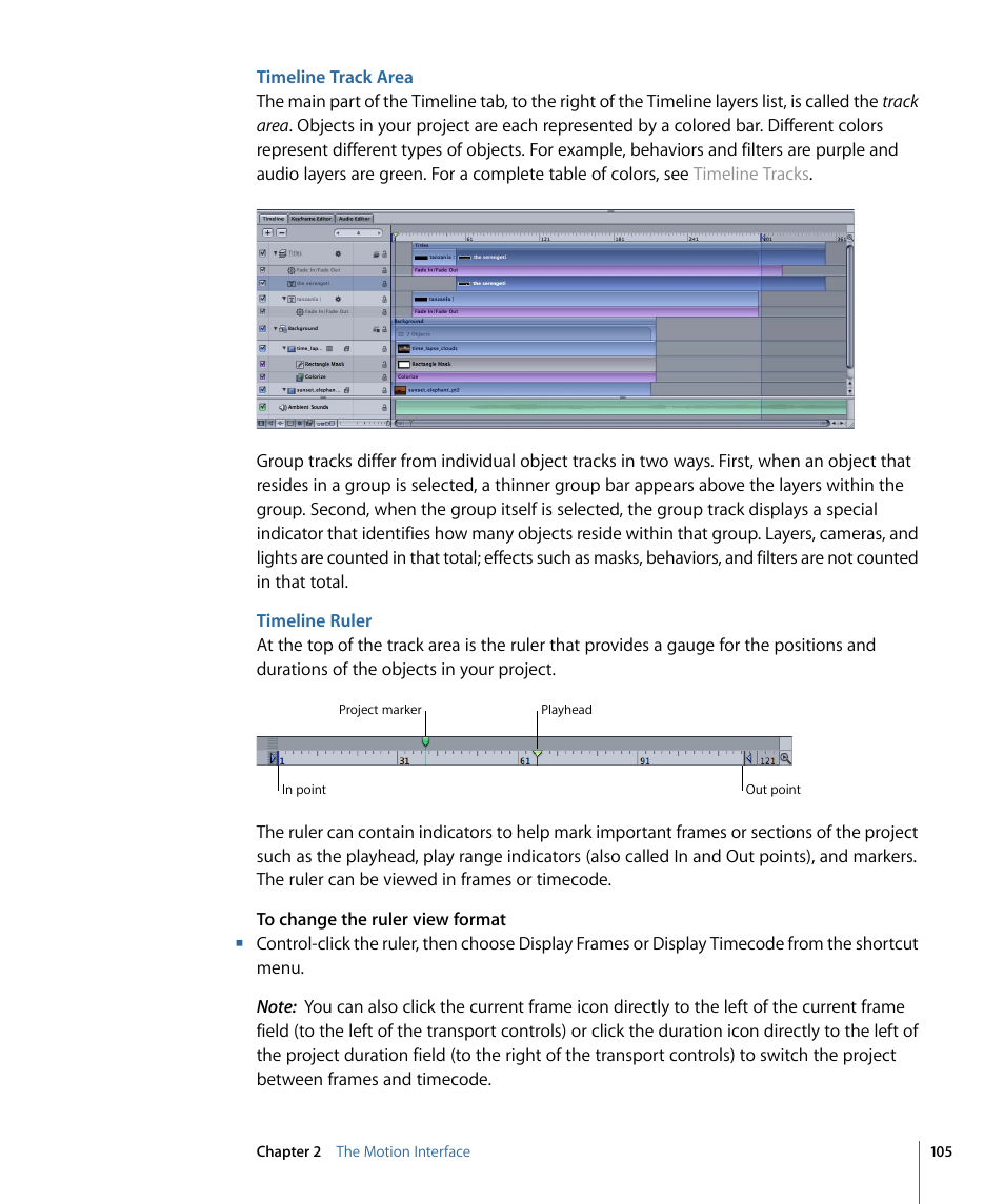 Timeline track area, Timeline ruler | Apple Motion 4 User Manual | Page 105 / 1498