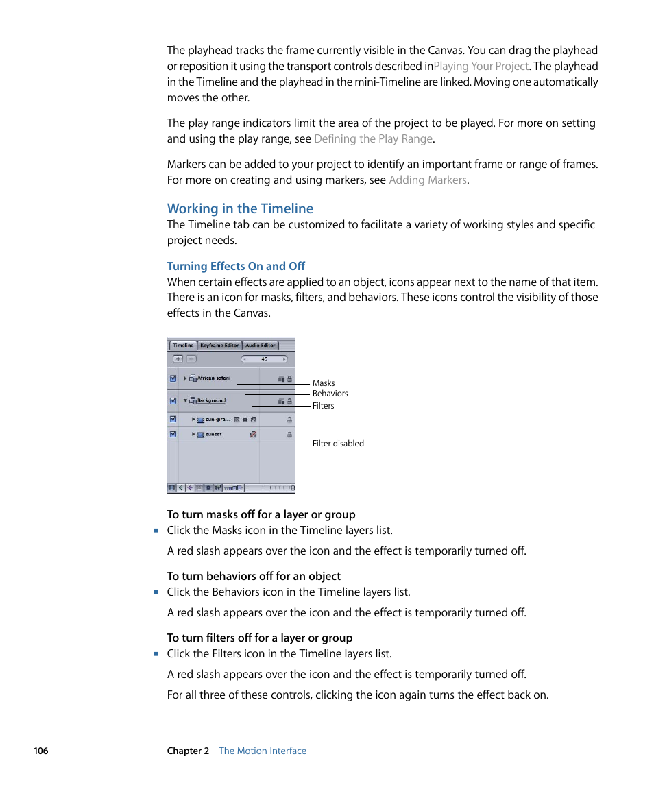 Working in the timeline, Turning effects on and off | Apple Motion 4 User Manual | Page 106 / 1498