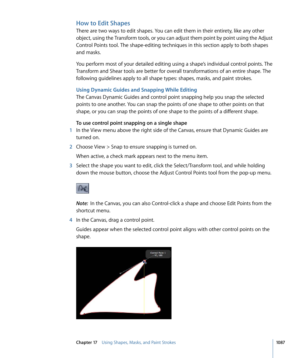 How to edit shapes, Using dynamic guides and snapping while editing | Apple Motion 4 User Manual | Page 1087 / 1498