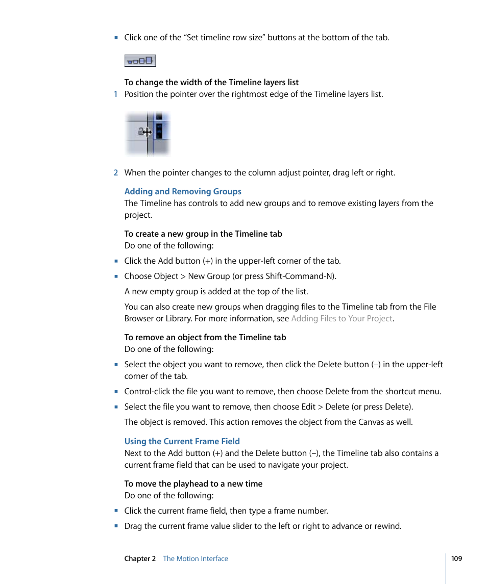 Adding and removing groups, Using the current frame field | Apple Motion 4 User Manual | Page 109 / 1498