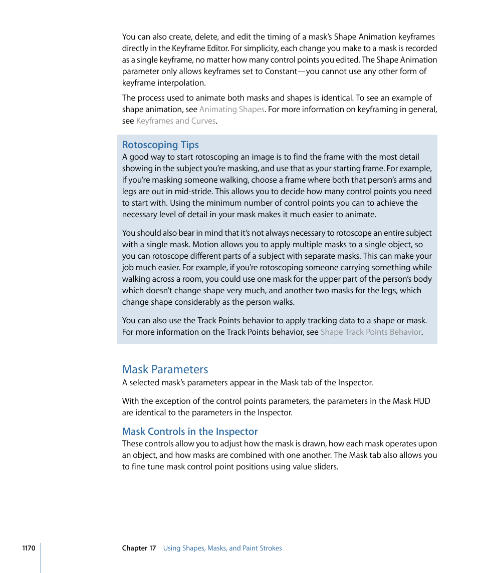 Mask parameters, Mask controls in the inspector, Rotoscoping tips | Apple Motion 4 User Manual | Page 1170 / 1498