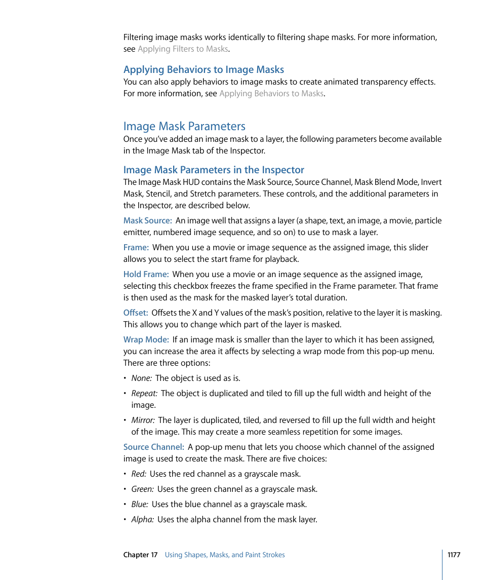 Applying behaviors to image masks, Image mask parameters, Image mask parameters in the inspector | Apple Motion 4 User Manual | Page 1177 / 1498