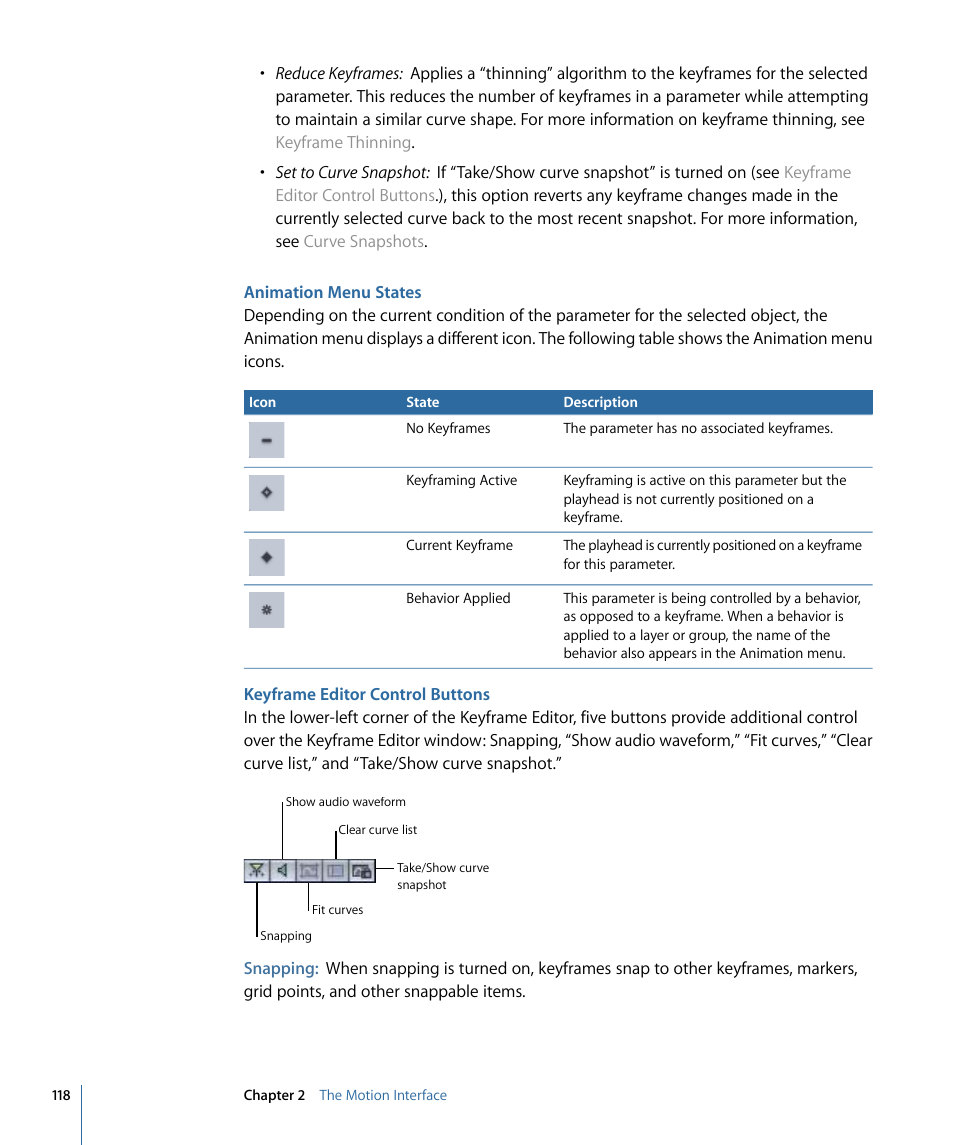 Animation menu states, Keyframe editor control buttons | Apple Motion 4 User Manual | Page 118 / 1498