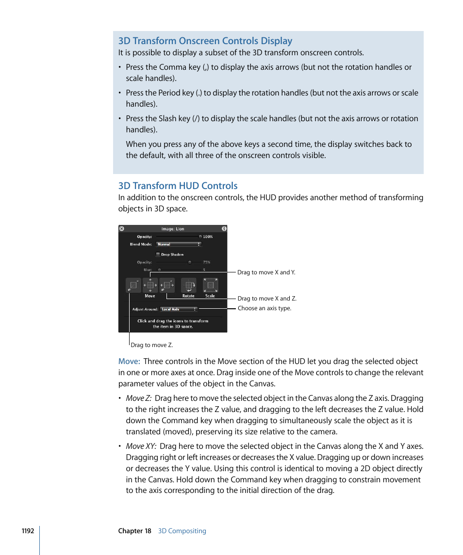 3d transform hud controls, 3d transform hud, Controls | 3d transform onscreen controls display | Apple Motion 4 User Manual | Page 1192 / 1498