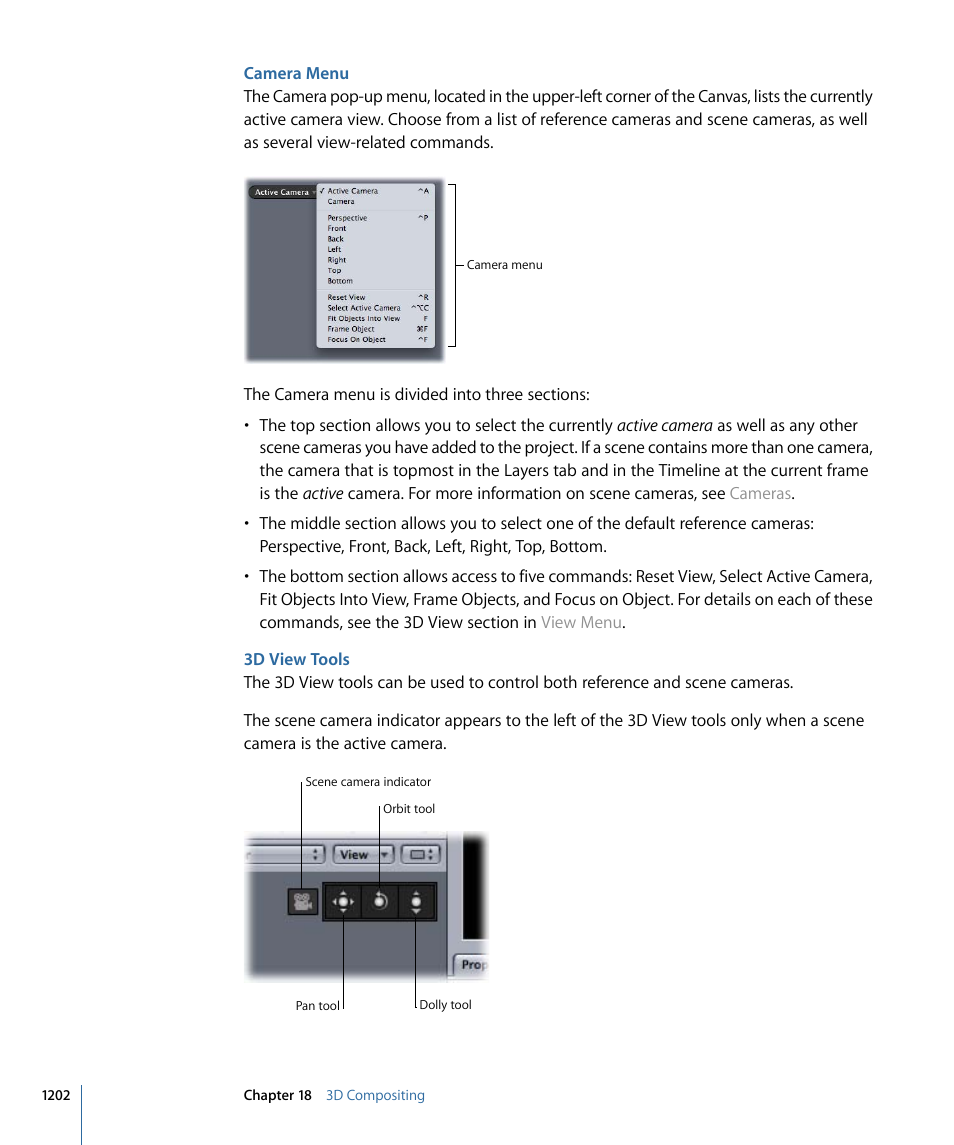 Camera menu, 3d view tools | Apple Motion 4 User Manual | Page 1202 / 1498