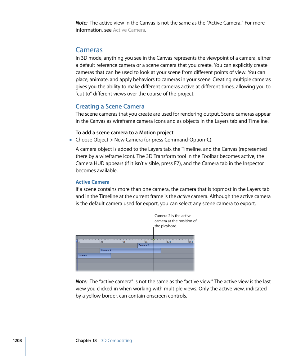 Cameras, Creating a scene camera, Active camera | Apple Motion 4 User Manual | Page 1208 / 1498