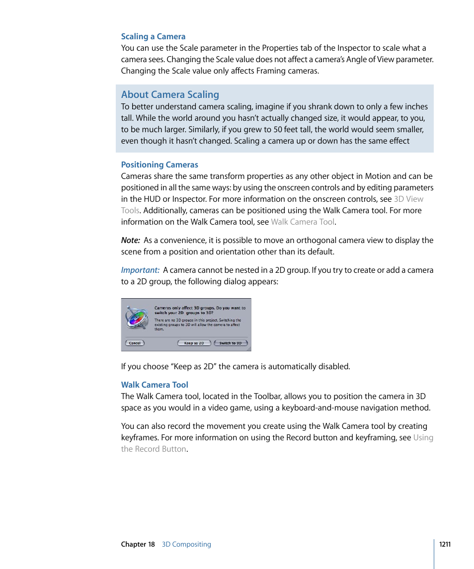 Scaling a camera, Positioning cameras, Walk camera tool | About camera scaling | Apple Motion 4 User Manual | Page 1211 / 1498