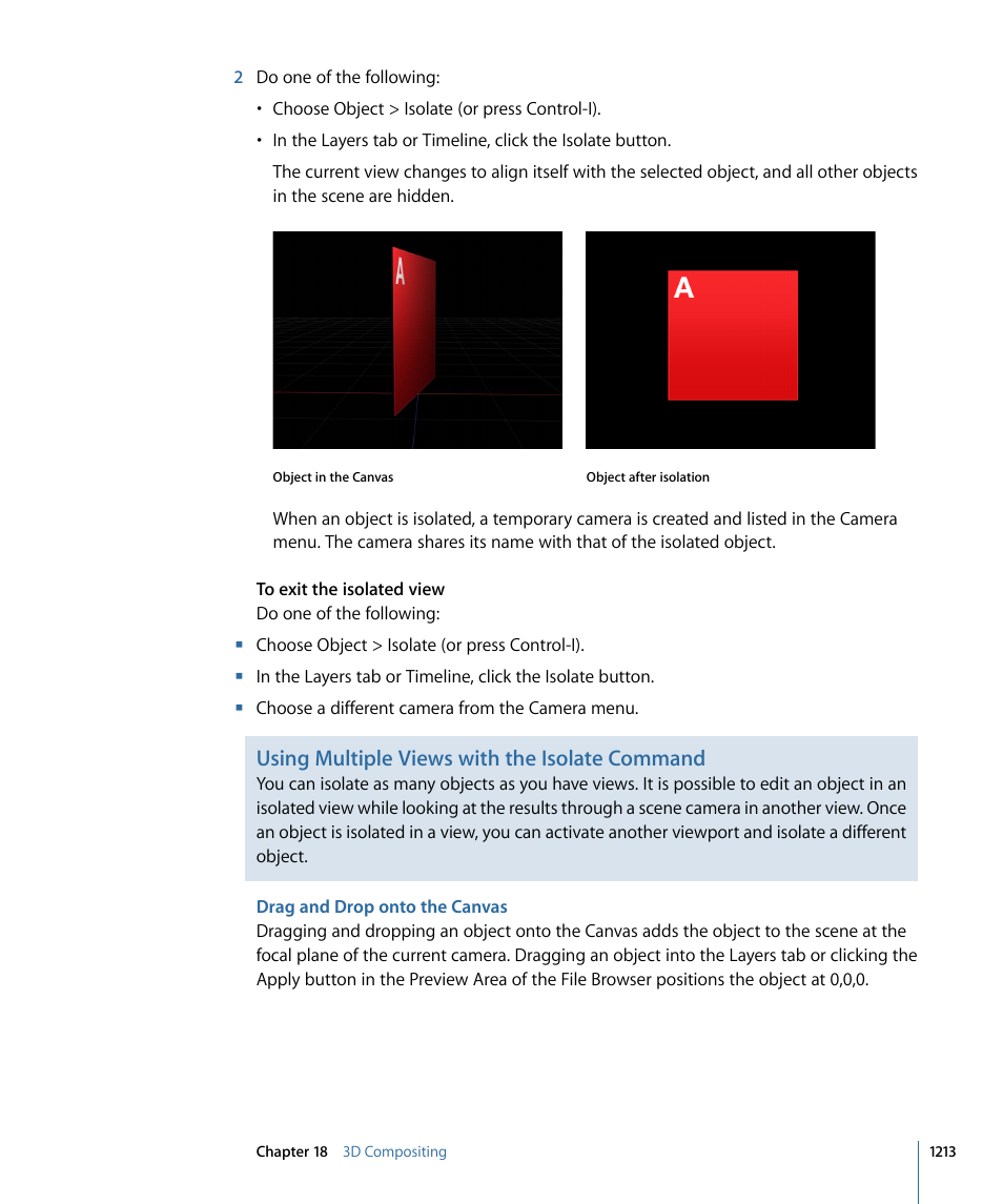 Drag and drop onto the canvas, Using multiple views with the isolate command | Apple Motion 4 User Manual | Page 1213 / 1498
