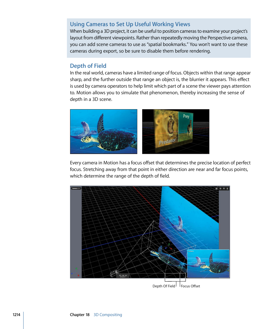 Depth of field, Using cameras to set up useful working views | Apple Motion 4 User Manual | Page 1214 / 1498