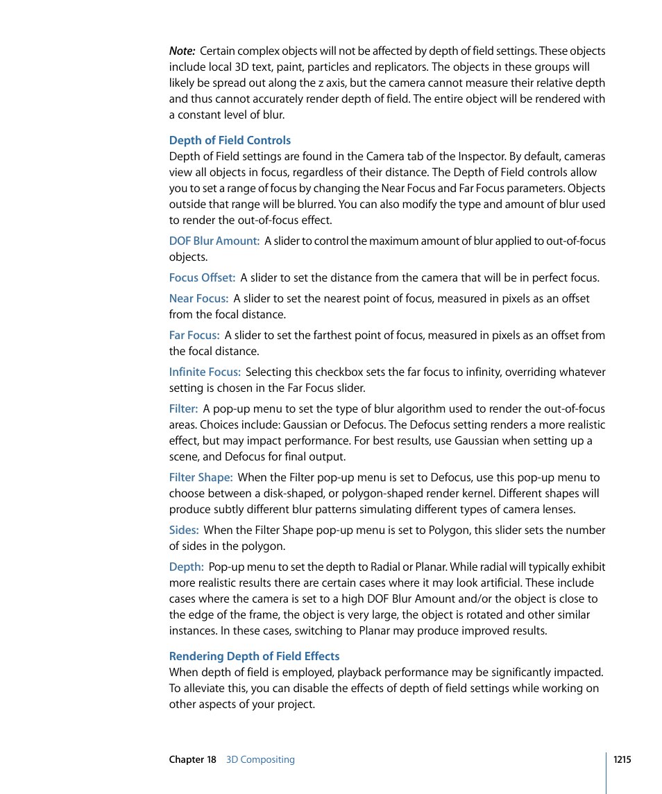 Depth of field controls, Rendering depth of field effects | Apple Motion 4 User Manual | Page 1215 / 1498