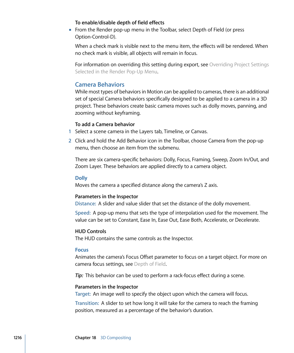 Camera behaviors, Dolly, Focus | Apple Motion 4 User Manual | Page 1216 / 1498