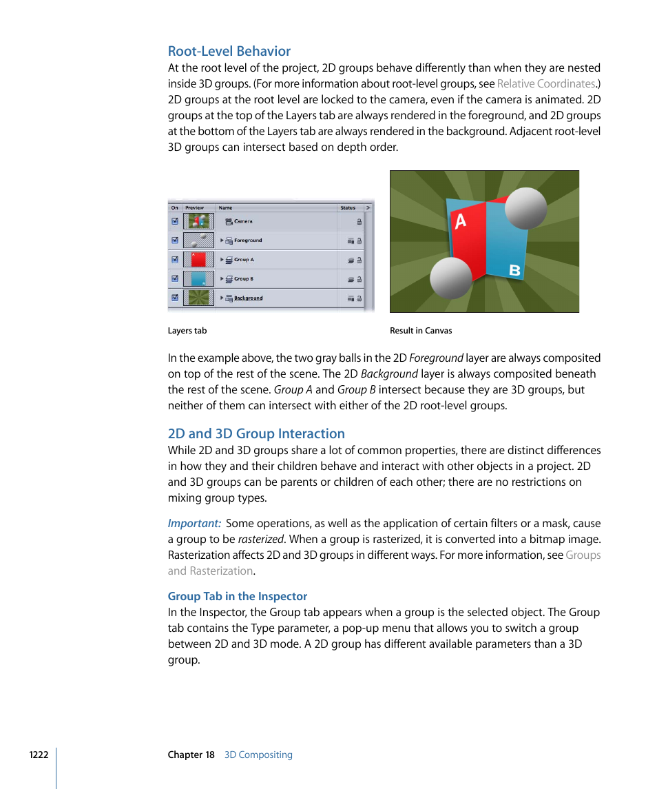 Root-level behavior, 2d and 3d group interaction, Group tab in the inspector | Apple Motion 4 User Manual | Page 1222 / 1498