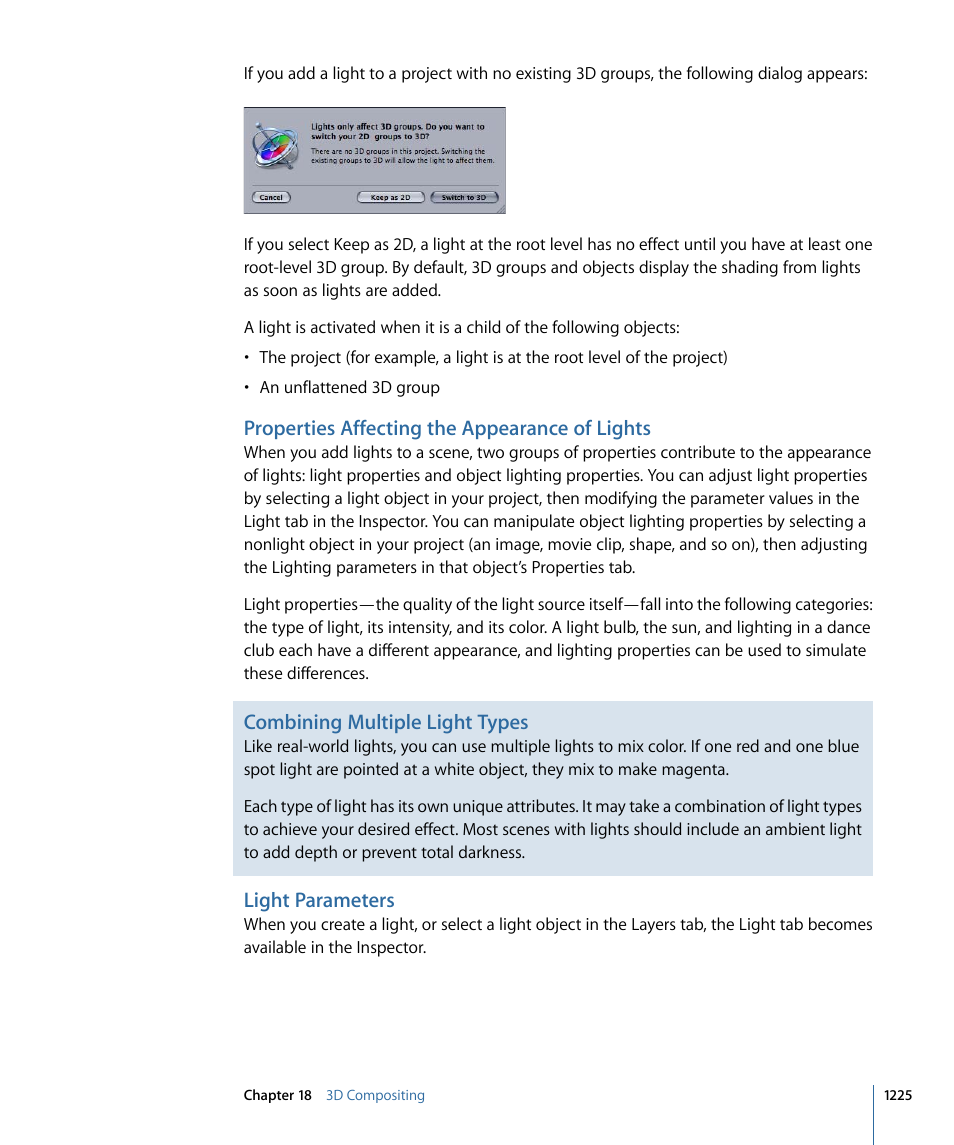 Properties affecting the appearance of lights, Light parameters, Combining multiple light types | Apple Motion 4 User Manual | Page 1225 / 1498