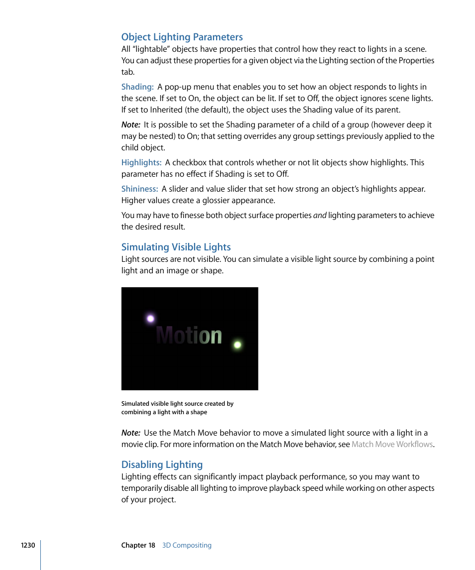 Object lighting parameters, Simulating visible lights, Disabling lighting | Apple Motion 4 User Manual | Page 1230 / 1498