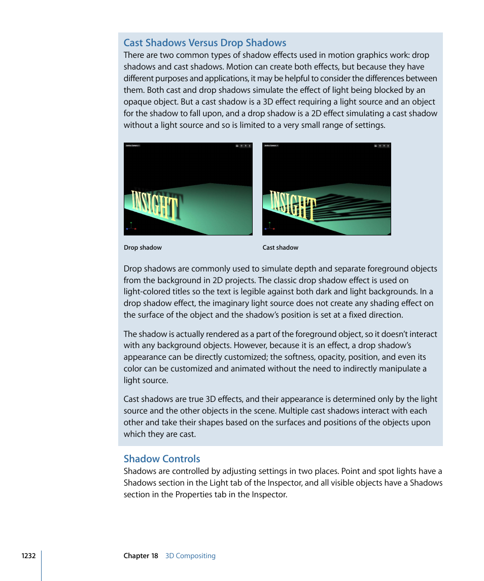 Shadow controls, Cast shadows versus drop shadows | Apple Motion 4 User Manual | Page 1232 / 1498