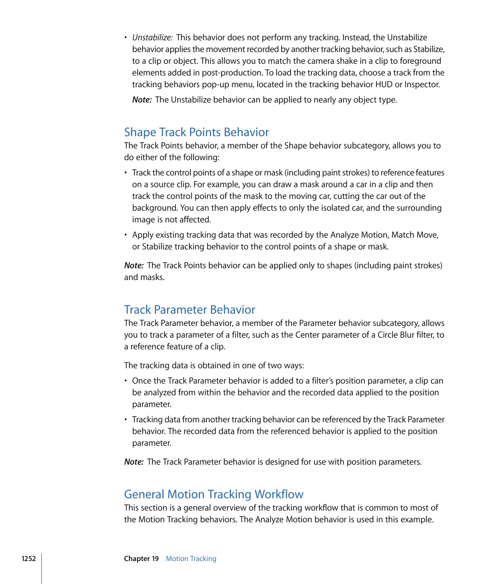 Shape track points behavior, Track parameter behavior, General motion tracking workflow | Apple Motion 4 User Manual | Page 1252 / 1498