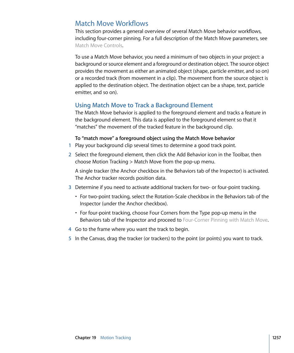 Match move workflows, Using match move to track a background element | Apple Motion 4 User Manual | Page 1257 / 1498