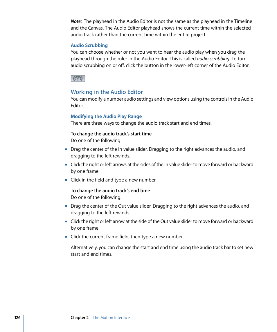 Audio scrubbing, Working in the audio editor, Modifying the audio play range | Apple Motion 4 User Manual | Page 126 / 1498