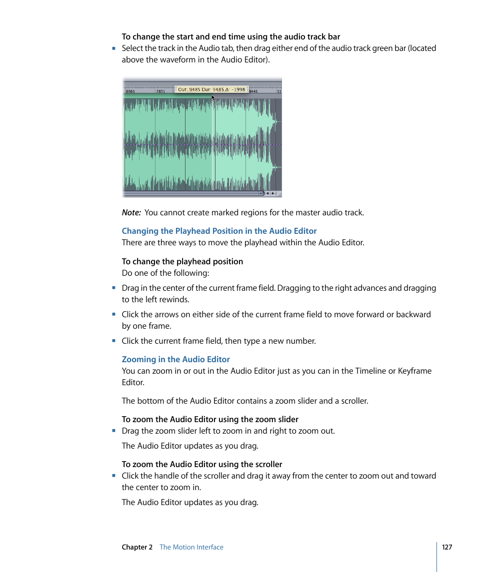 Changing the playhead position in the audio editor, Zooming in the audio editor | Apple Motion 4 User Manual | Page 127 / 1498