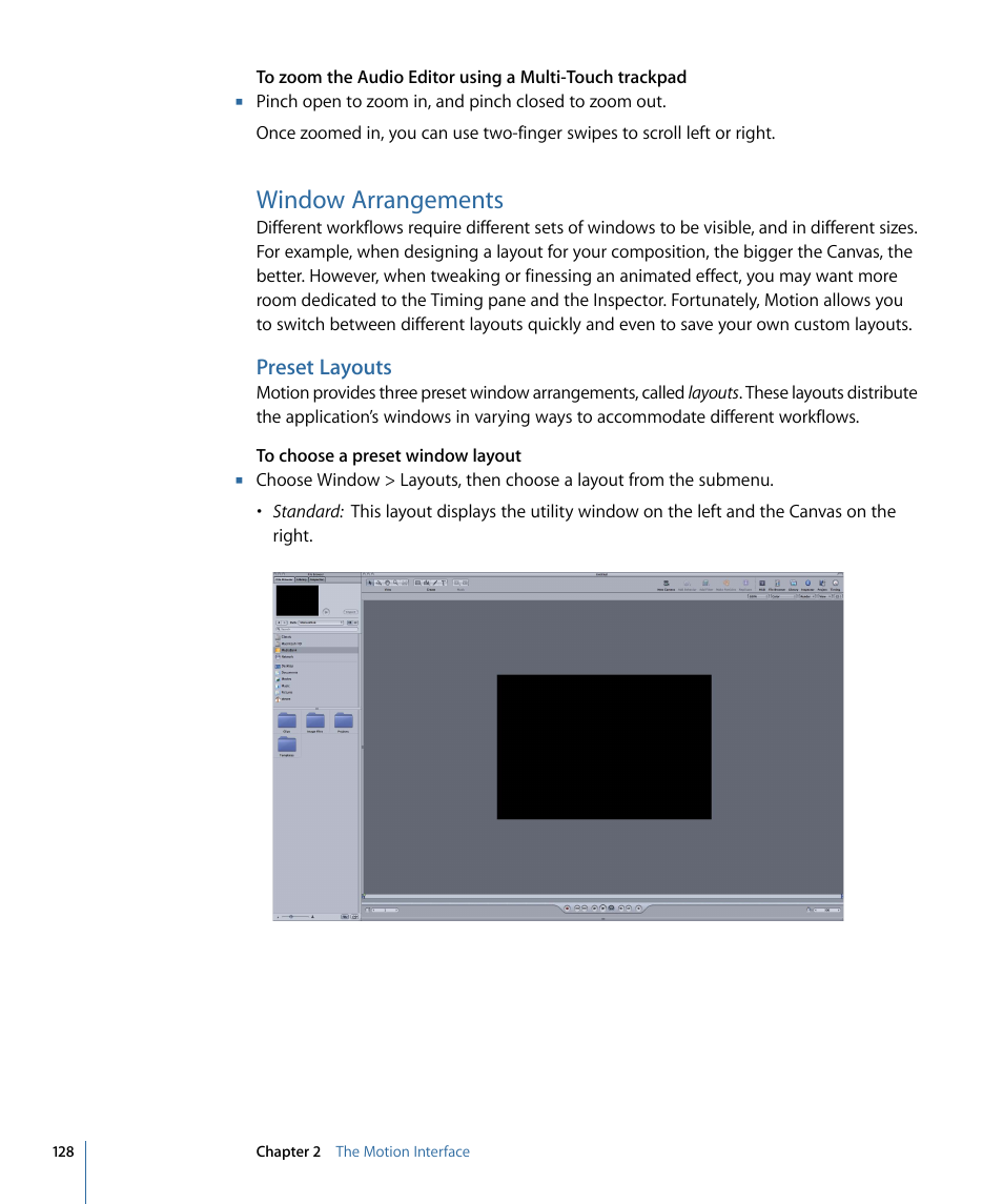 Window arrangements, Preset layouts | Apple Motion 4 User Manual | Page 128 / 1498