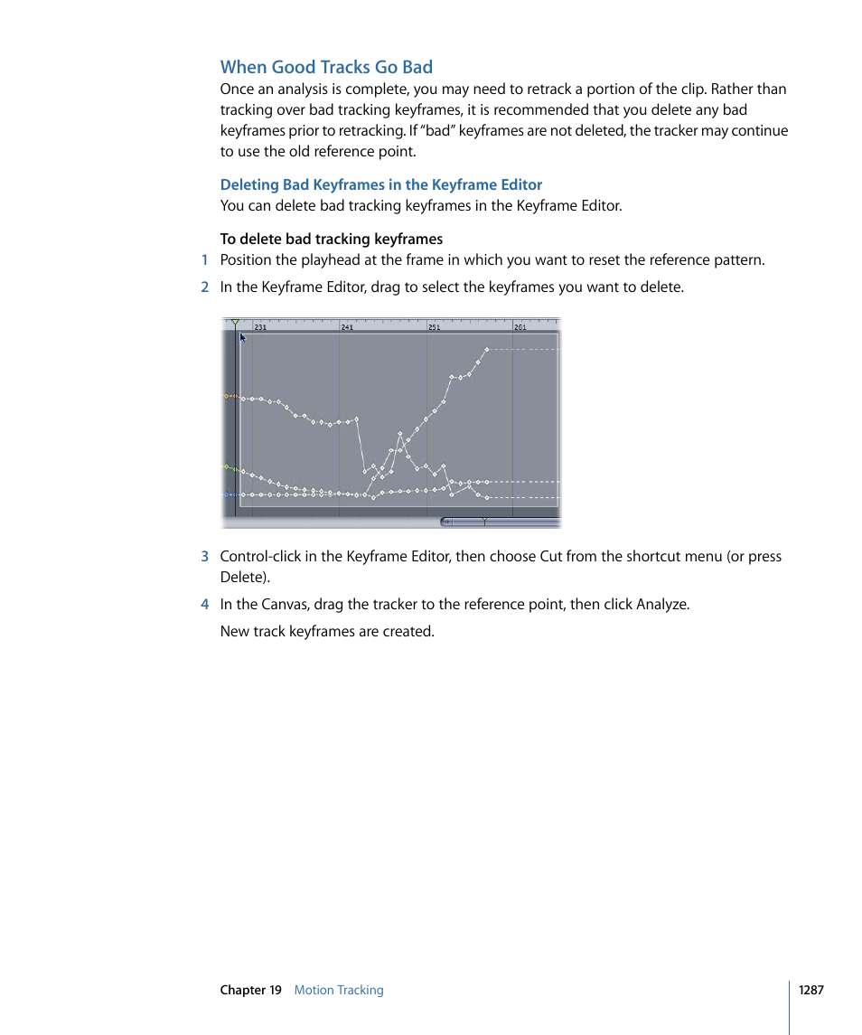 When good tracks go bad, Deleting bad keyframes in the keyframe editor | Apple Motion 4 User Manual | Page 1287 / 1498