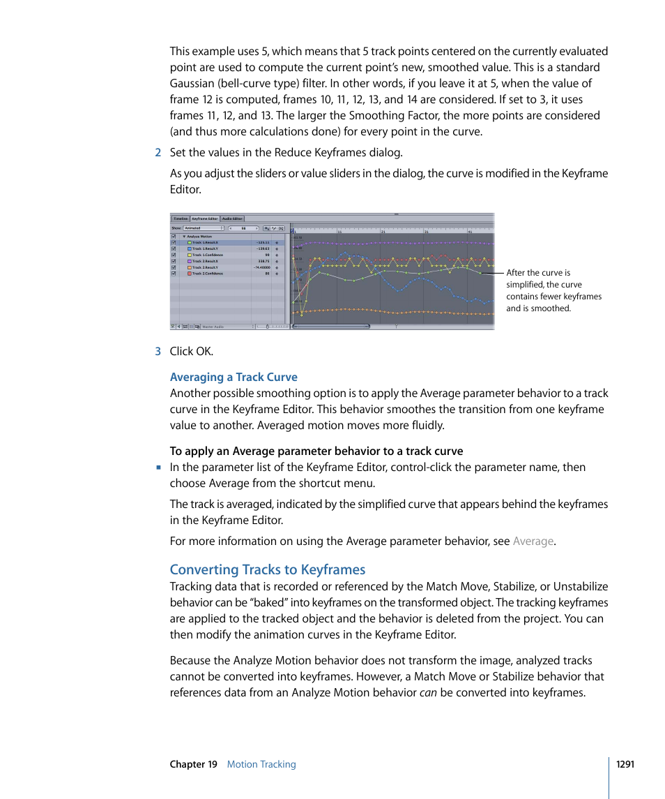 Averaging a track curve, Converting tracks to keyframes | Apple Motion 4 User Manual | Page 1291 / 1498