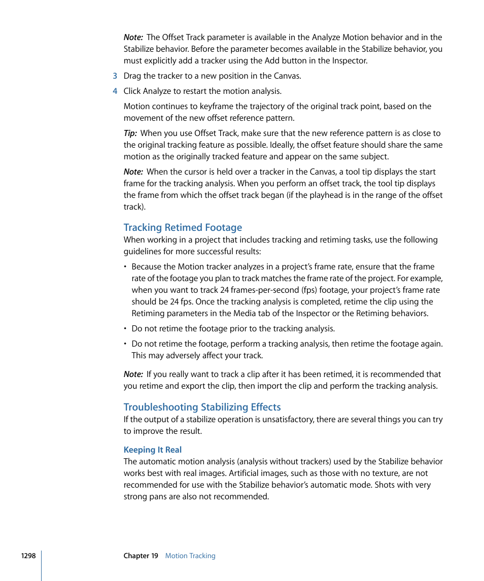 Tracking retimed footage, Troubleshooting stabilizing effects, Keeping it real | Apple Motion 4 User Manual | Page 1298 / 1498