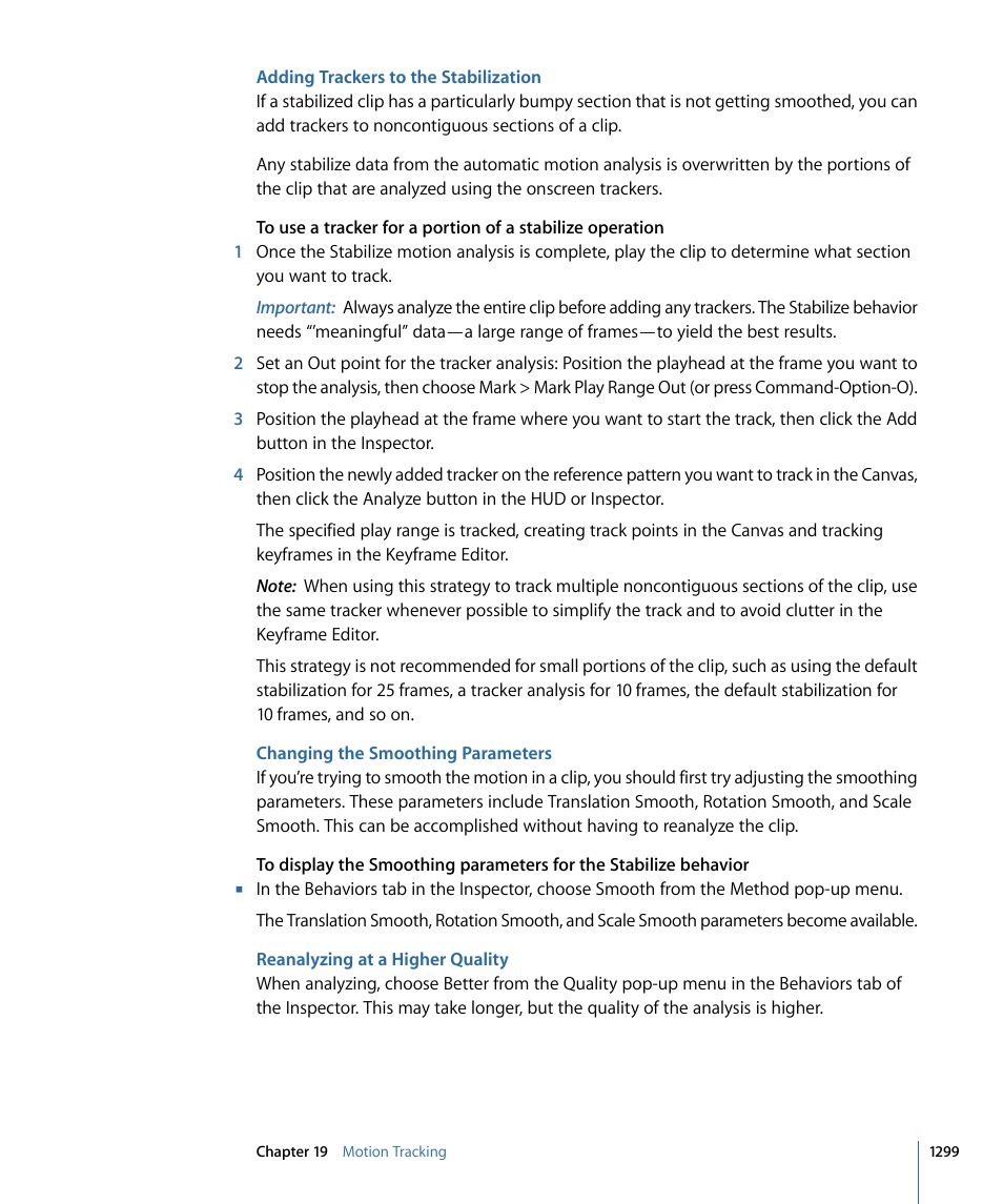 Adding trackers to the stabilization, Changing the smoothing parameters, Reanalyzing at a higher quality | Apple Motion 4 User Manual | Page 1299 / 1498