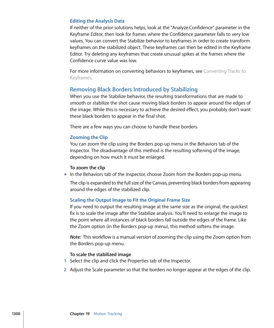 Editing the analysis data, Removing black borders introduced by stabilizing, Zooming the clip | Apple Motion 4 User Manual | Page 1300 / 1498