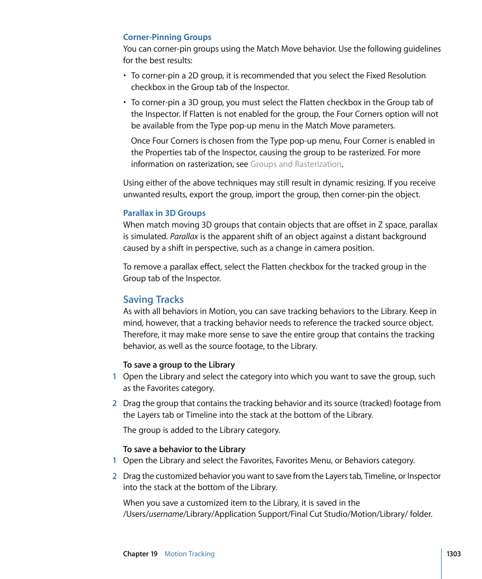 Corner-pinning groups, Parallax in 3d groups, Saving tracks | Apple Motion 4 User Manual | Page 1303 / 1498