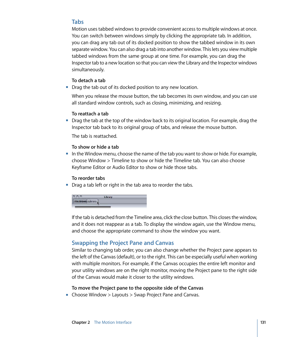 Tabs, Swapping the project pane and canvas | Apple Motion 4 User Manual | Page 131 / 1498