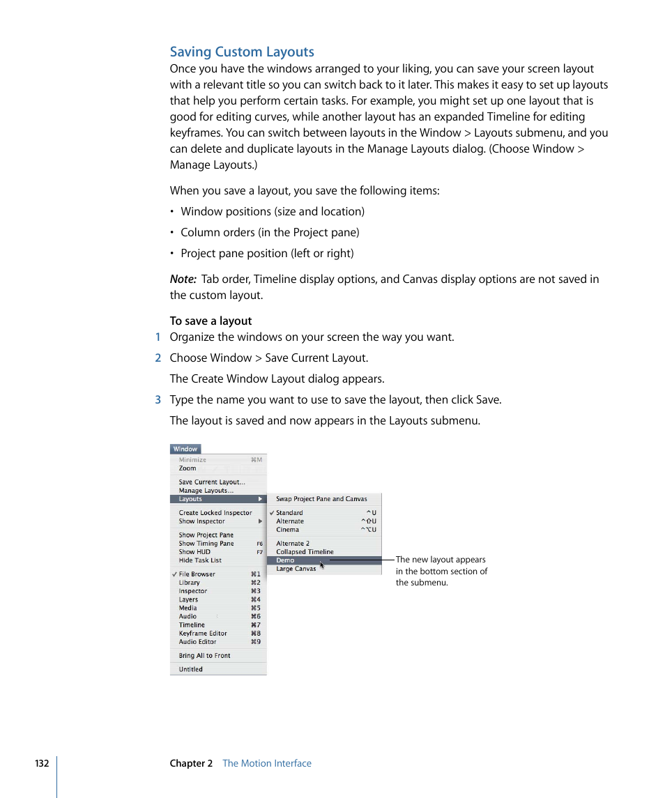 Saving custom layouts | Apple Motion 4 User Manual | Page 132 / 1498