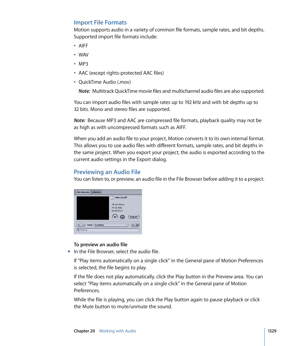 Import file formats, Previewing an audio file | Apple Motion 4 User Manual | Page 1329 / 1498