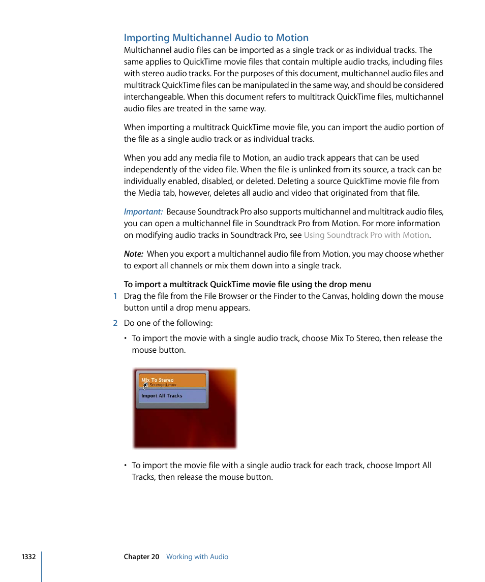 Importing multichannel audio to motion | Apple Motion 4 User Manual | Page 1332 / 1498