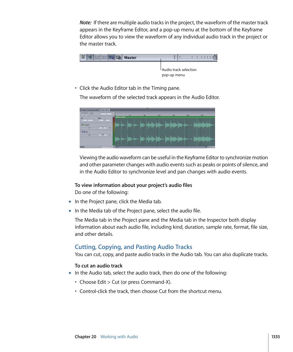 Cutting, copying, and pasting audio tracks | Apple Motion 4 User Manual | Page 1335 / 1498