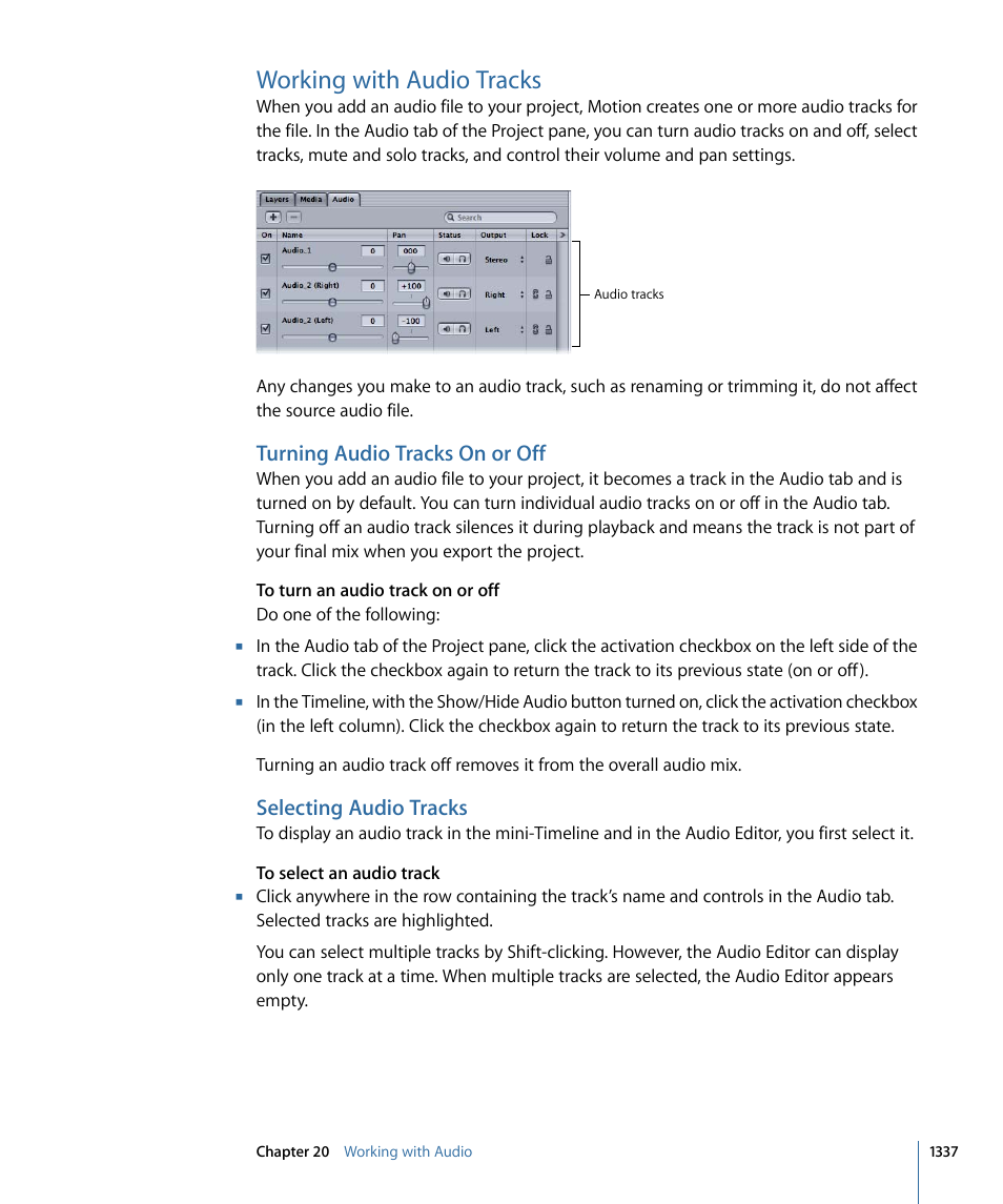 Working with audio tracks, Turning audio tracks on or off, Selecting audio tracks | Apple Motion 4 User Manual | Page 1337 / 1498