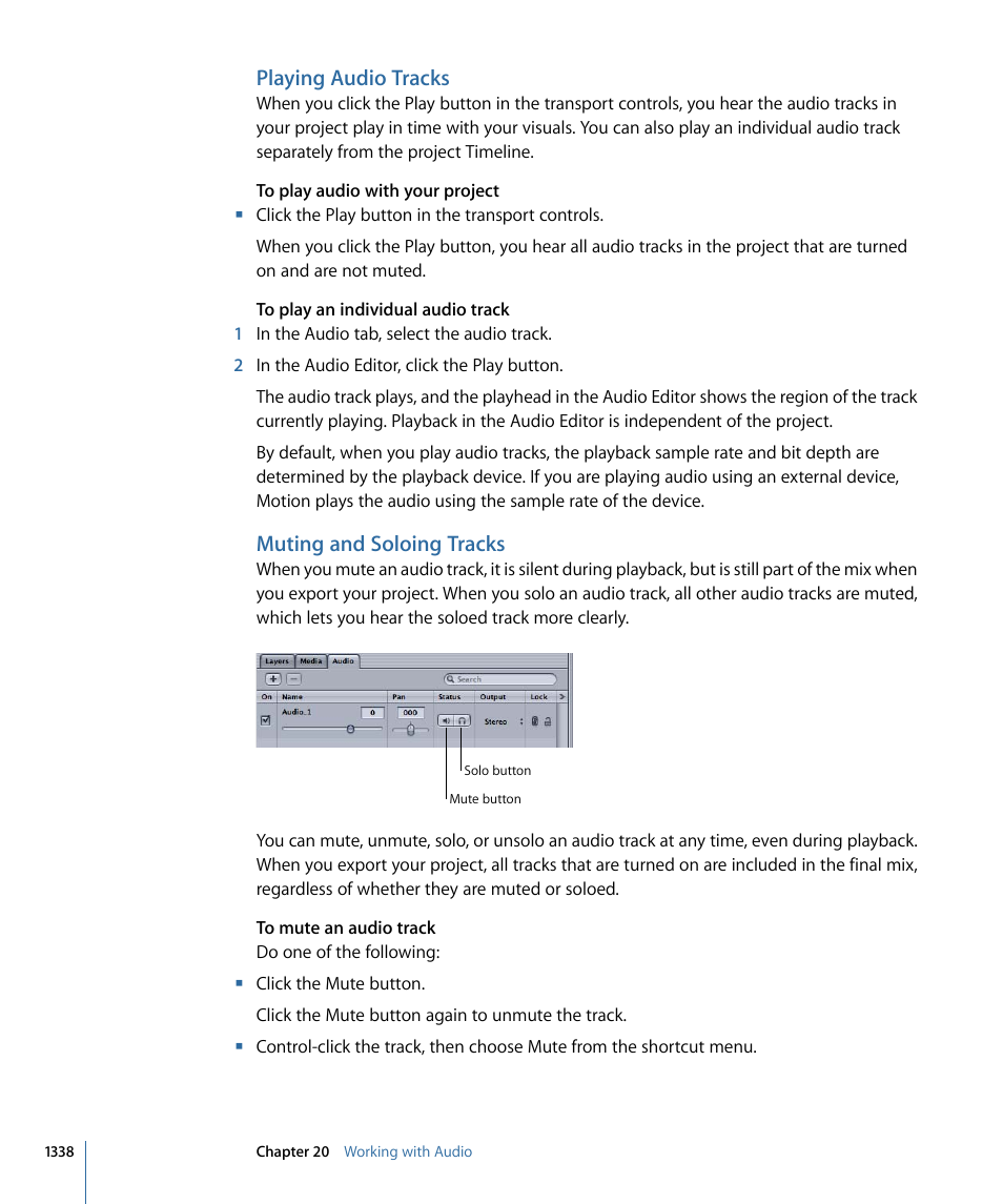 Playing audio tracks, Muting and soloing tracks | Apple Motion 4 User Manual | Page 1338 / 1498