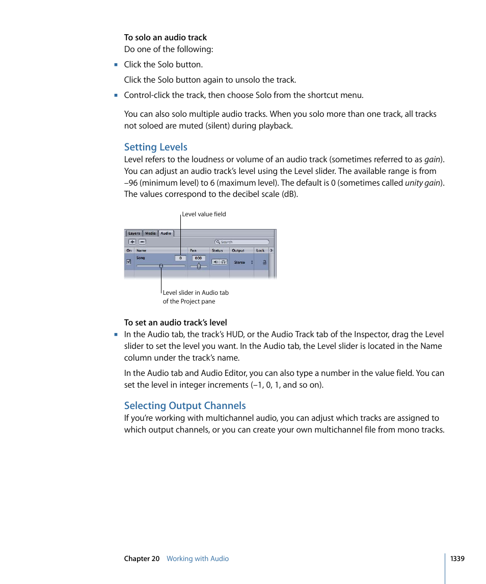 Setting levels, Selecting output channels | Apple Motion 4 User Manual | Page 1339 / 1498