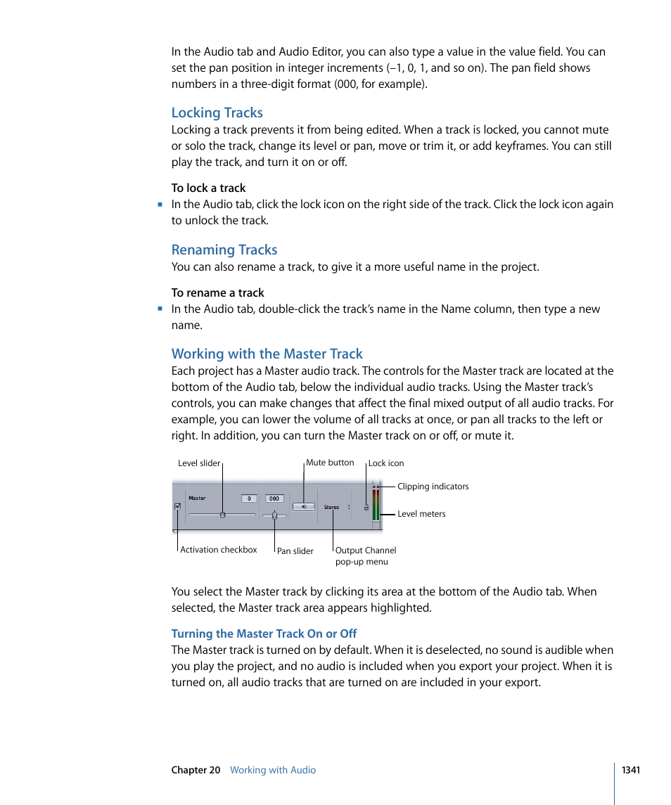 Locking tracks, Renaming tracks, Working with the master track | Turning the master track on or off | Apple Motion 4 User Manual | Page 1341 / 1498