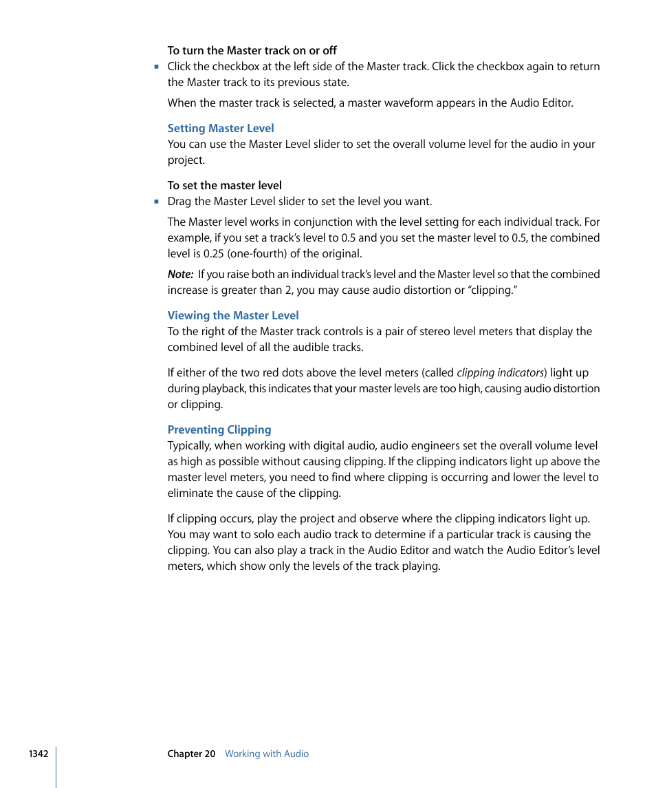 Setting master level, Viewing the master level, Preventing clipping | Apple Motion 4 User Manual | Page 1342 / 1498